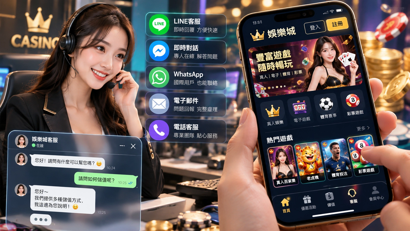 龍萊娛樂城客服聯絡與手機平台使用情境示意圖